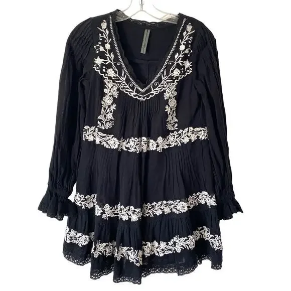 Anthropologie Long Sleeve Black Embroidered Lace Trim Swing Dress size XXS - Picture 5 of 11